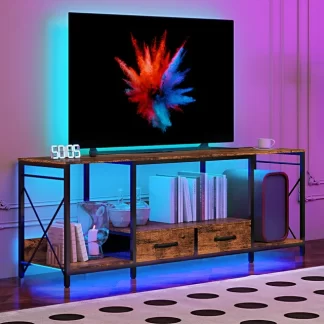 Kumix TV Stand with LED Lights Power Outlets - TV Stand with Fabric Drawers for 65 70 75 Inches TV Installation Videos/Scene Videos, Can Also Be Used in Multiple Scenes, Living Room, Bedroom, Walnut