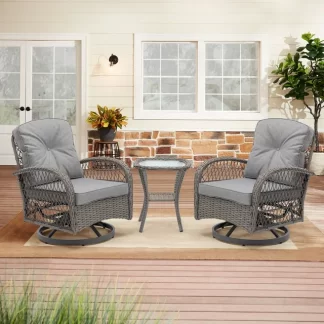 umix 3 Pieces Outdoor Swivel Rocker Patio Chairs, 360 Degree Rocking Patio Conversation Set with Thickened Cushions and Glass Coffee Table for Backyard, Grey