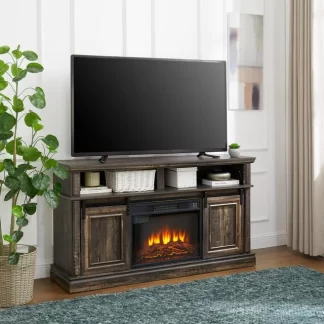 Kumix Modern Entertainment Console TV Stand with 23" Fireplace Insert, Multipurpose Sliding Door TV Cabinet Large Storage Space, 58.11"W*15.79"D*32.36"H Antique Brown