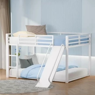 Kumix Twin over Twin Bunk Bed, Metal Bunk Bed with Roof, Low Bunk Bed with Ladder, Full-Length Guardrails, Noise Free Floor Twin Bunk Beds for Bedroom, Dormitory, White