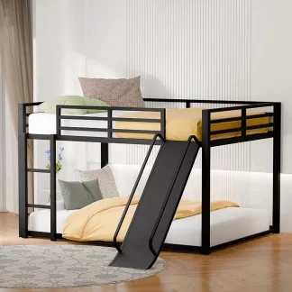 Kumix Full over Full Bunk Bed for Kids, Metal Bunk Bed with Slide, Low Bunk Bed with Ladder, Full-Length Guardrails, Noise Free Floor Full Bunk Beds for Bedroom, Dormitory, Black