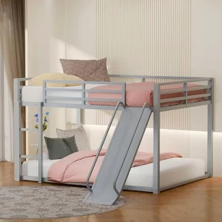 Kumix Full over Full Bunk Bed for Kids, Metal Bunk Bed with Slide, Low Bunk Bed with Ladder, Full-Length Guardrails, Noise Free Floor Full Bunk Beds for Bedroom, Dormitory, Silver