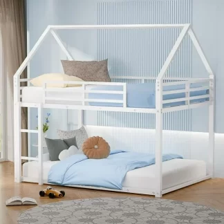 Kumix Metal Bunk Bed Full over Full, House Low Bunk Bed with Ladder, Safety Guardrails and Roof, Noise Free Floor Full Bunk Beds for Kids, Adults, Bedroom, Dormitory, White
