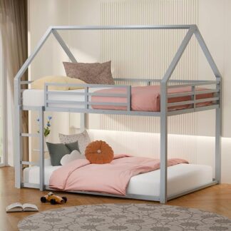 Kumix Metal Bunk Bed Full over Full, House Low Bunk Bed with Ladder, Safety Guardrails and Roof, Noise Free Floor Full Bunk Beds for Kids, Adults, Bedroom, Dormitory, Silver