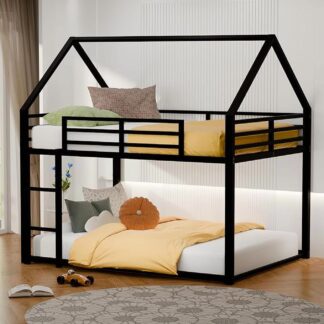 Kumix Metal Bunk Bed Full over Full, House Low Bunk Bed with Ladder, Safety Guardrails and Roof, Noise Free Floor Full Bunk Beds for Kids, Adults, Bedroom, Dormitory, Black