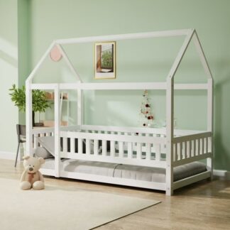 Kumix House Floor Bed Twin Size, Wooden Floor Bed with Roof Frame and Fence Guardrails, Slats Support for Kids Toddlers Boys/Girls, Heavy Duty House Bed Frame for Bedroom, Easy Assembly, White