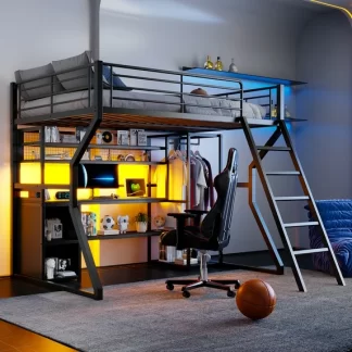 Kumix Full Size Metal Gaming Loft Bed with Built-in Work Station, Open Wardrobe, LED and Multiple Storage, Mutifuctional Bunk Bed Full Size for Teens Adults, Black