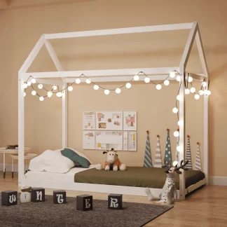 Kumix House Floor Bed Twin Size, Wood Montessori Floor Bed with Slats, Multifunctional House Montessori for Boys & Girls, No Box Spring Needed, Easy Assembly, White