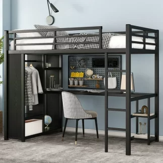 Kumix Twin XL Size Loft Bed Frame with Built-in Wardrobe, Metal Loft Bed with Desk and Storage Shelves for Teens Adults, Space-Saving, Black