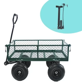 Kumix 600 Lbs Steel Garden Cart, Heavy Duty Garden Wagon Cart Pullable on Wheels, Metal Yard Utility Wagon Carts with 10" All Terrain Tires, Mesh Removable Sides and 180°Rotating Handle, Green