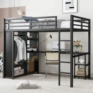 Kumix Full Size Loft Bed Frame with Built-in Wardrobe, Metal Loft Bed with Desk and Storage Shelves for Teens Adults, Space-Saving, Black