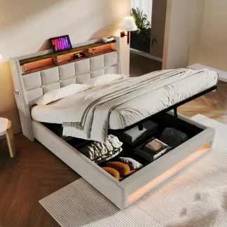 Kumix Full Size Upholstered Platform Bed with a Hydraulic Storage System, LED and USB Charging, Platform Bed for Bedroom, Natural (without mattress)