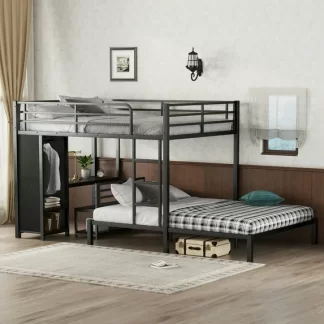 Kumix Queen over Queen Size Bunk Bed Frame with Built-in Wardrobe, Metal Bunk Bed with Desk and Storage Chairs, Mutifuctional Bunk Bed for Teens Adults, Black