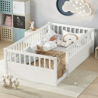 Kumix Twin Floor Bed Frame with Fence, Montessori Wooden Floor Bed for Boys/Girls, Twin Size Floor Beds Frame for Bedroom Playroom, No Slats Supports, White