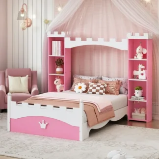 Kumix Castle-Shaped Wooden Bed with Storage Shelf, Dreamy Twin Size Platform Bed for Boys/Girls Bedroom, Platfrom Bed Frame Space-Saving, Pink+White