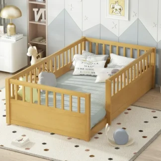 Kumix Twin Floor Bed Frame with Fence, Montessori Wooden Floor Bed for Boys/Girls, Twin Size Floor Beds Frame for Bedroom Playroom, No Slats Supports, Natural