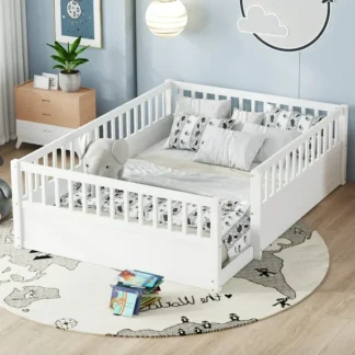 Kumix Full Floor Bed Frame with Fence, Montessori Wooden Floor Bed for Boys/Girls, Full Size Floor Beds Frame for Bedroom Playroom, No Slats Supports, White