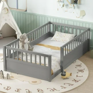 Kumix Twin Floor Bed Frame with Fence, Montessori Wooden Floor Bed for Boys/Girls, Twin Size Floor Beds Frame for Bedroom Playroom, No Slats Supports, Gray