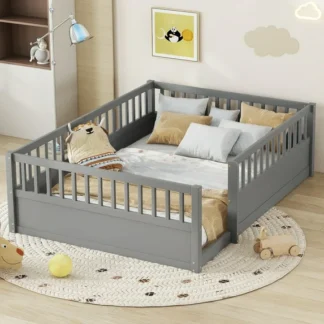 Kumix Full Floor Bed Frame with Fence, Montessori Wooden Floor Bed for Boys/Girls, Full Size Floor Beds Frame for Bedroom Playroom, No Slats Supports, Gray