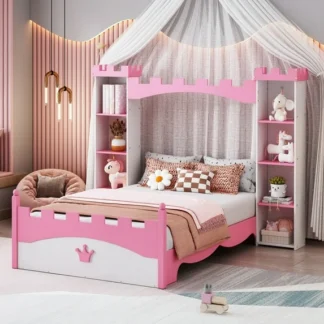 Kumix Castle-Shaped Wooden Bed with Storage Shelf, Dreamy Twin Size Platform Bed for Boys/Girls Bedroom, Platfrom Bed Frame Space-Saving, White+Pink