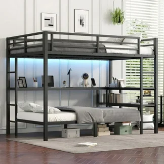 Kumix Full XL over Twin Bunk Bed with Desk and Shelves, Multiple Placement, with LED and USB, Metal Bunk Bed for Teens Adults, Black