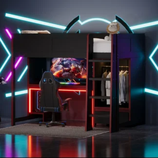 Kumix Twin Size Loft Bed with Built-in Desk, Wardrobe, LED and a Drawer, Wood Gaming Loft Bed with Full-Length Guardrail and Ladder for Teens Adults, Black