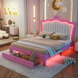 Kumix Full Size Upholstered Bed Frame with LED Lights, Modern Upholstered Princess Bed with Crown Headboard, 2 Drawers for Boys/Girls, Pink+White