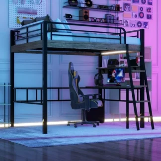 Kumix Full Size Loft Bed with LED, Built-in Desk, Storage Shelf, Metal Loft Bed with Safty Guardrail and Ladder, Full Loft Bed Frame for Bedroom, Black