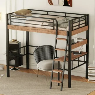 Kumix Twin Size Loft Bed with Built-in Desk, Storage Shelf, Metal Loft Bed with Safty Guardrail and Ladder, Twin Loft Bed Frame for Bedroom, Black