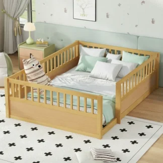 Kumix Full Floor Bed Frame with Fence, Montessori Wooden Floor Bed for Boys/Girls, Full Size Floor Beds Frame for Bedroom Playroom, No Slats Supports, Natural