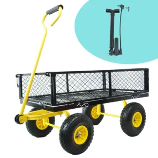 Kumix 600 Lbs Steel Garden Cart, Heavy Duty Garden Wagon Cart Pullable on Wheels, Metal Yard Utility Wagon Carts with 10" All Terrain Tires, Mesh Removable Sides and 180°Rotating Handle, Black&Yellow