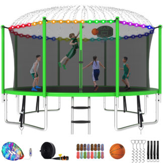 Kumix Trampoline with Enclosure Net for Kids and Adults, 1400LBS Capacity 14FT Trampoline with Basketball Hoop, Ladder, LED Lights, Sprinkler, Socks, Wind Stakes, Outdoor Heavy Duty Trampoline, Green
