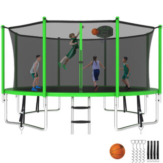 Kumix Trampoline with Enclosure Net for Kids and Adults, 1400LBS Capacity 14FT Trampoline with Basketball Hoop, Ladder, Wind Stakes, Outdoor Heavy Duty Trampoline, Green