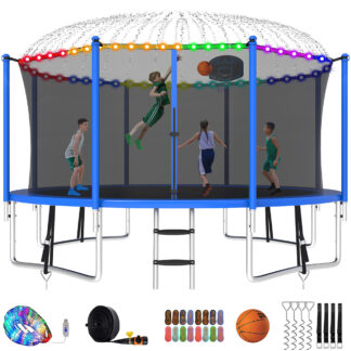 Kumix Trampoline with Enclosure Net for Kids and Adults, 1400LBS Capacity 14FT Trampoline with Basketball Hoop, Ladder, LED Lights, Sprinkler, Socks, Wind Stakes, Outdoor Heavy Duty Trampoline, Blue