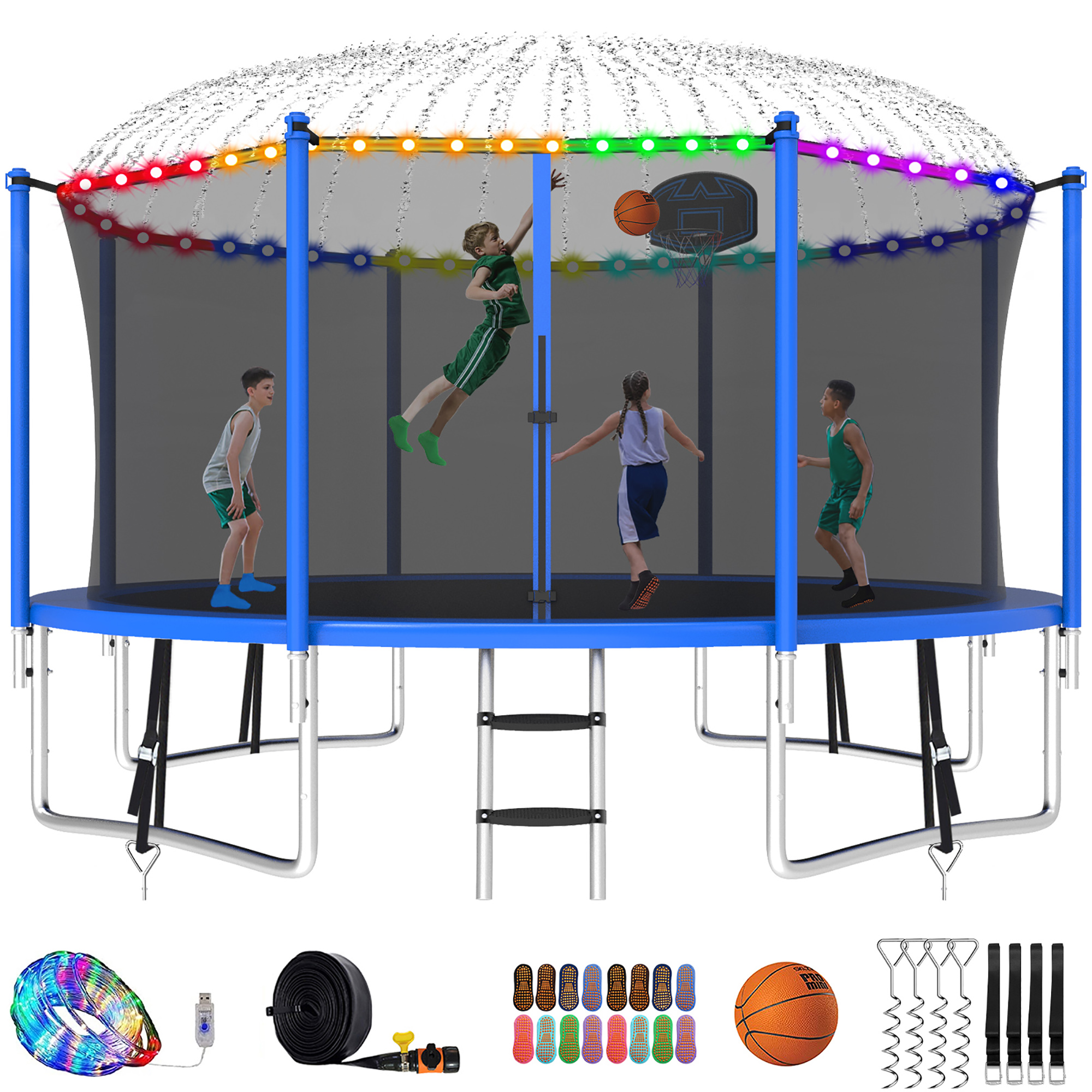 Kumix Trampoline with Enclosure Net for Kids and Adults, 1400LBS Capacity 14FT Trampoline with Basketball Hoop, Ladder, LED Lights, Sprinkler, Socks, Wind Stakes, Outdoor Heavy Duty Trampoline, Blue