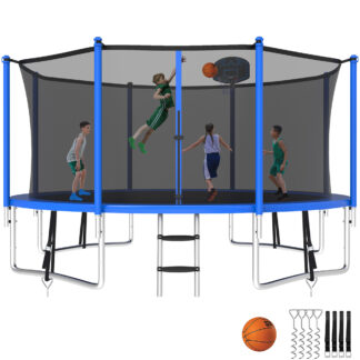 Kumix Trampoline with Enclosure Net for Kids and Adults, 1400LBS Capacity 14FT Trampoline with Basketball Hoop, Ladder, Wind Stakes, Outdoor Heavy Duty Trampoline, Blue