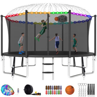 Kumix Trampoline with Enclosure Net for Kids and Adults, 1400LBS Capacity 14FT Trampoline with Basketball Hoop, Ladder, LED Lights, Sprinkler, Socks, Wind Stakes, Outdoor Heavy Duty Trampoline, Black