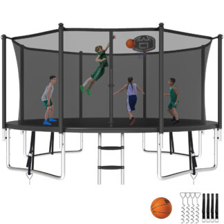 Kumix Trampoline with Enclosure Net for Kids and Adults, 1400LBS Capacity 14FT Trampoline with Basketball Hoop, Ladder, Wind Stakes, Outdoor Heavy Duty Trampoline, Black