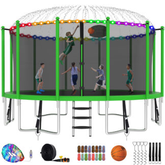 Kumix Trampoline with Enclosure Net for Kids and Adults, 1500LBS Capacity 15FT Trampoline with Basketball Hoop, Ladder, LED Lights, Sprinkler, Socks, Wind Stakes, Outdoor Heavy Duty Trampoline, Green