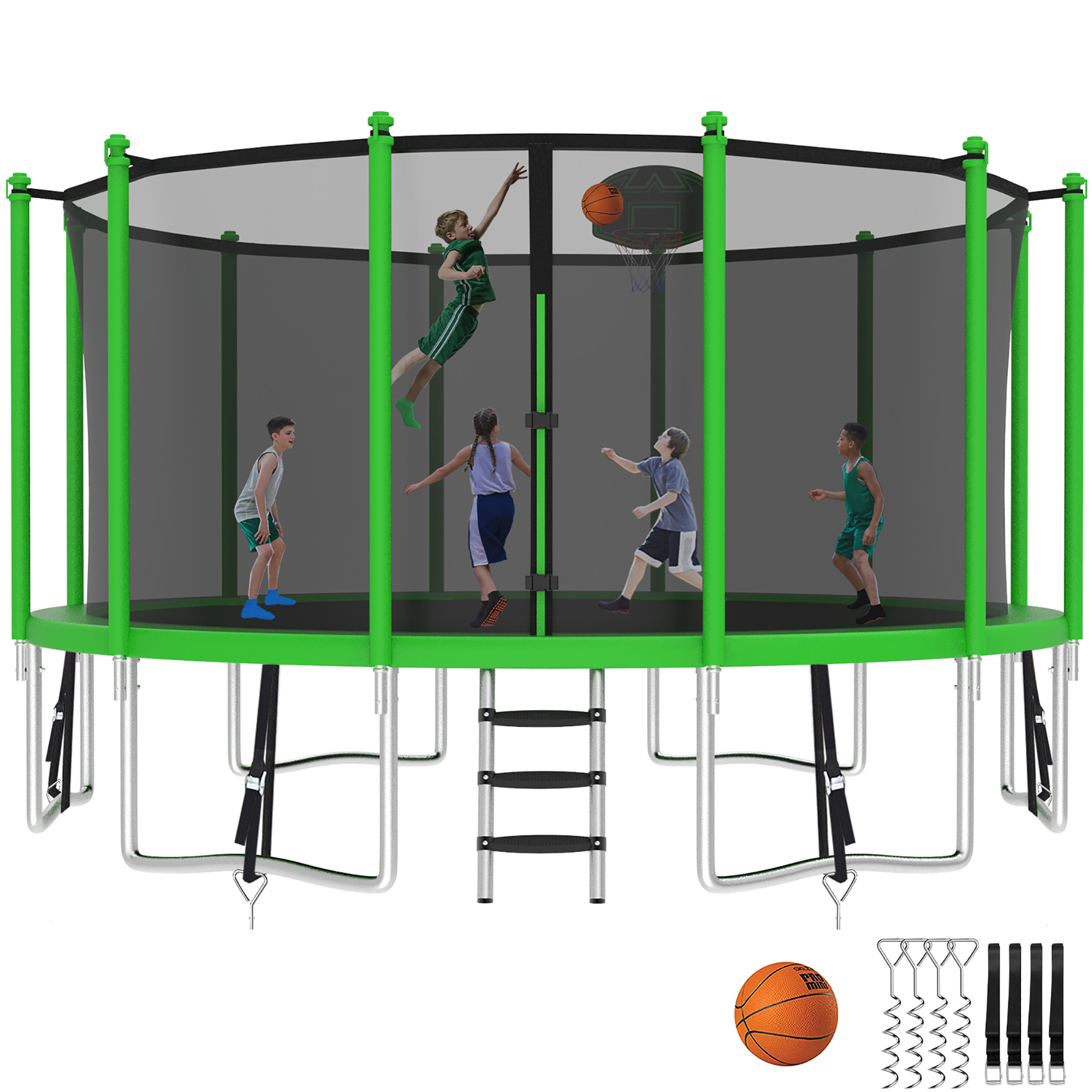 Kumix Trampoline with Enclosure Net for Kids and Adults, 1500LBS Capacity 15FT Trampoline with Basketball Hoop, Ladder, Wind Stakes, Outdoor Heavy Duty Trampoline, Green