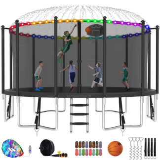 Kumix Trampoline with Enclosure Net for Kids and Adults, 1500LBS Capacity 15FT Trampoline with Basketball Hoop, Ladder, LED Lights, Sprinkler, Socks, Wind Stakes, Outdoor Heavy Duty Trampoline, Black
