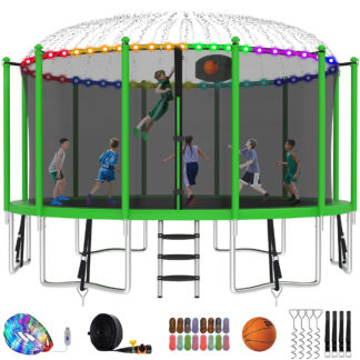 Kumix Trampoline with Enclosure Net for Kids and Adults, 1500LBS Capacity 16FT Trampoline with Basketball Hoop, Ladder, LED Lights, Sprinkler, Socks, Wind Stakes, Outdoor Heavy Duty Trampoline, Green