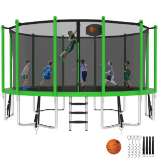 Kumix Trampoline with Enclosure Net for Kids and Adults, 1500LBS Capacity 16FT Trampoline with Basketball Hoop, Ladder, Wind Stakes, Outdoor Heavy Duty Trampoline, Green
