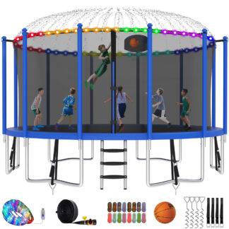 Kumix Trampoline with Enclosure Net for Kids and Adults, 1500LBS Capacity 16FT Trampoline with Basketball Hoop, Ladder, LED Lights, Sprinkler, Socks, Wind Stakes, Outdoor Heavy Duty Trampoline, Blue