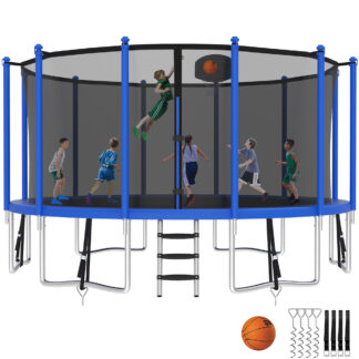 Kumix Trampoline with Enclosure Net for Kids and Adults, 1500LBS Capacity 16FT Trampoline with Basketball Hoop, Ladder, Wind Stakes, Outdoor Heavy Duty Trampoline, Blue
