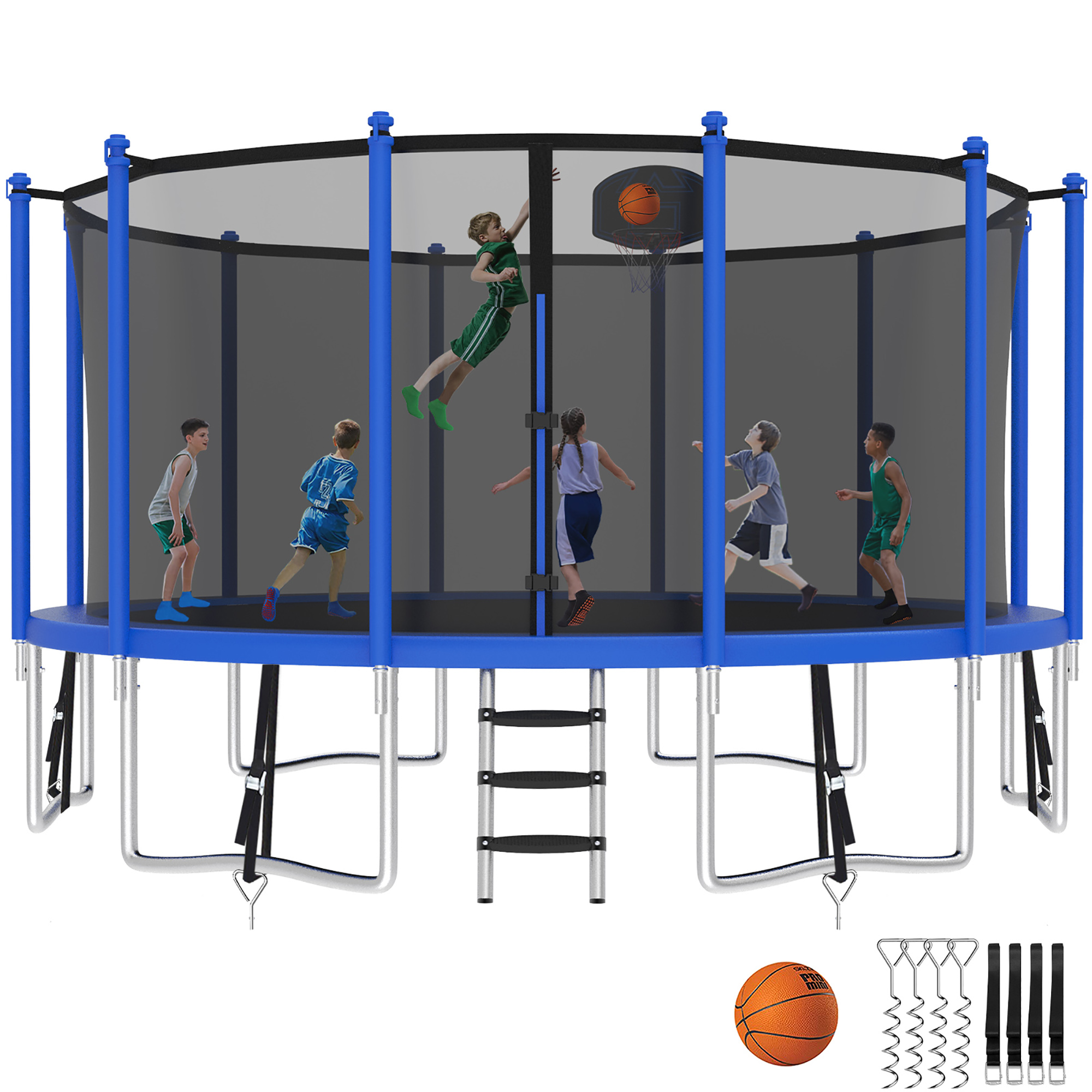 Kumix Trampoline with Enclosure Net for Kids and Adults, 1500LBS Capacity 16FT Trampoline with Basketball Hoop, Ladder, Wind Stakes, Outdoor Heavy Duty Trampoline, Blue