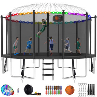 Kumix Trampoline with Enclosure Net for Kids and Adults, 1500LBS Capacity 16FT Trampoline with Basketball Hoop, Ladder, LED Lights, Sprinkler, Socks, Wind Stakes, Outdoor Heavy Duty Trampoline, Black