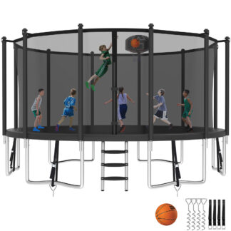 Kumix Trampoline with Enclosure Net for Kids and Adults, 1500LBS Capacity 16FT Trampoline with Basketball Hoop, Ladder, Wind Stakes, Outdoor Heavy Duty Trampoline, Black