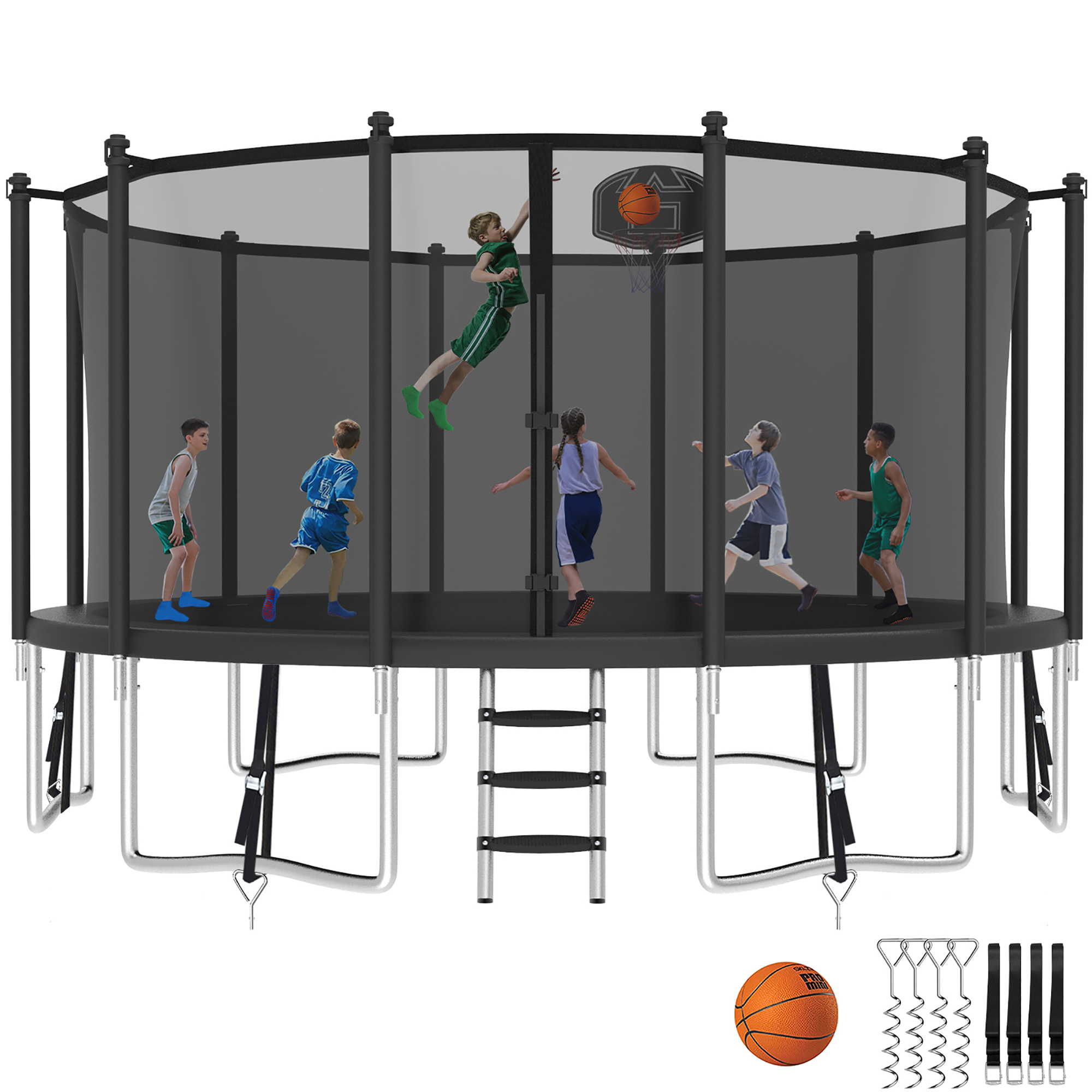 Kumix Trampoline with Enclosure Net for Kids and Adults, 1500LBS Capacity 16FT Trampoline with Basketball Hoop, Ladder, Wind Stakes, Outdoor Heavy Duty Trampoline, Black